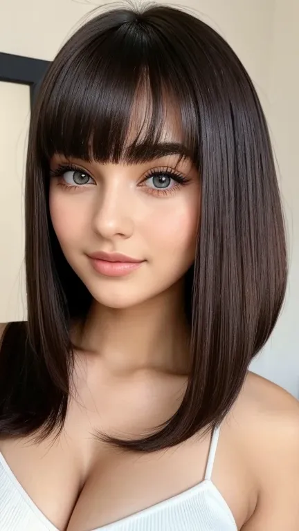 She has a youthful, doll-like face with smooth, fair skin, large almond-shaped eyes with long lashes, subtly arched eyebrows, a small upturned nose, and full, slightly glossy lips. Her hair is a sleek, shoulder-length bob with soft layers, straight-cut ban...