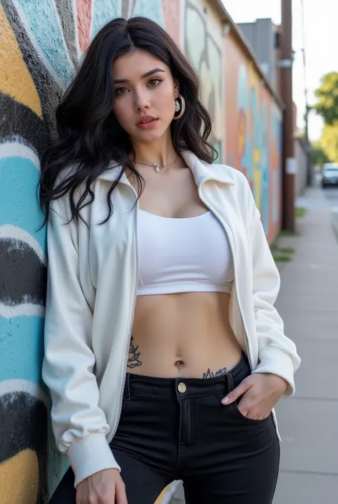    white sweatshirt jacket  , plano general,     full body wool sweater  , ((  Arafada woman leaning against a graffiti wall,  pose casually , leaning against wall, attractive pose,  tight outfit , 2 model fe  , leaning against wall, Very cool pose, pose s...