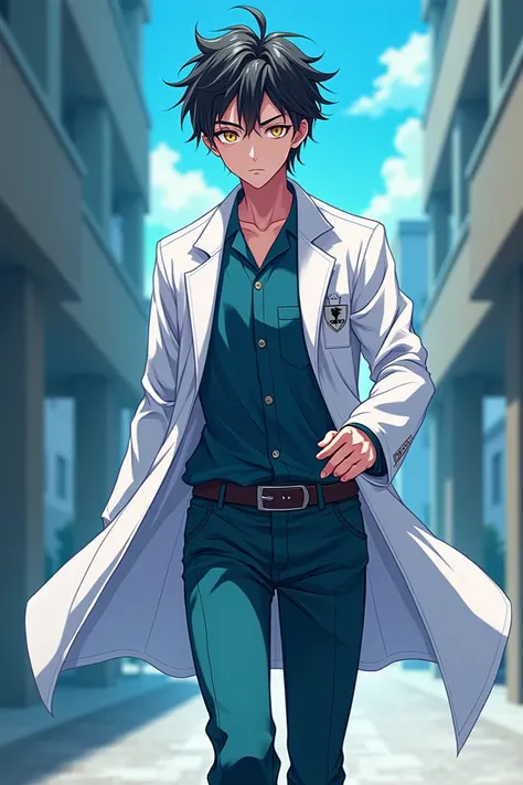 draw a young man doctor is walking and his head turn around to see us, he has colorful special eyes, make him so cool, draw with anime style