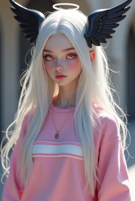 Character long white hair ,  white skin , Light pink eyes,  large pink sweatshirt with white stripes , The character has a black angels aureole in his head 