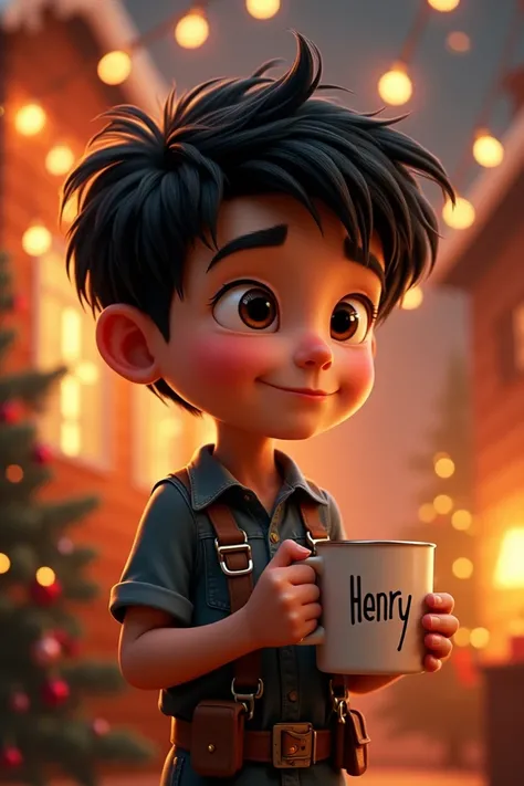  Christmas Pixar poster
Pixar-type electrician boy with slightly disheveled wavy black hair, tez morena. With a mug that says the word HENRY .
Christmas background 