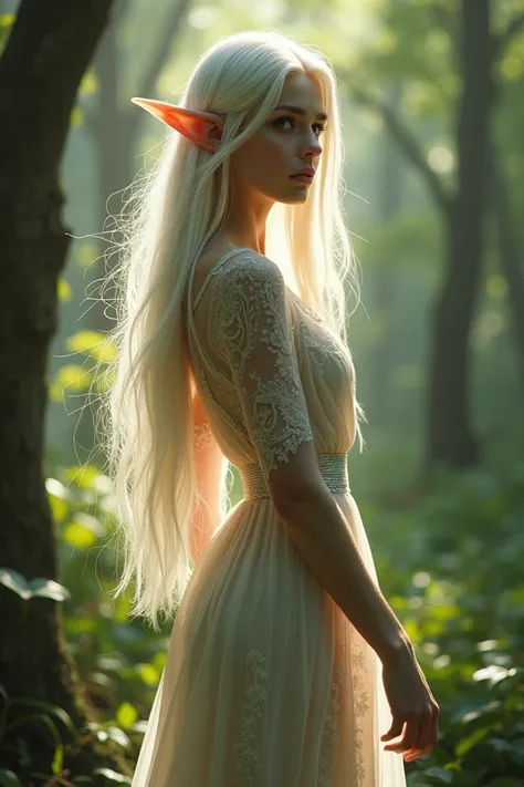 Draw me a beautiful female elf with white hair and white skin.