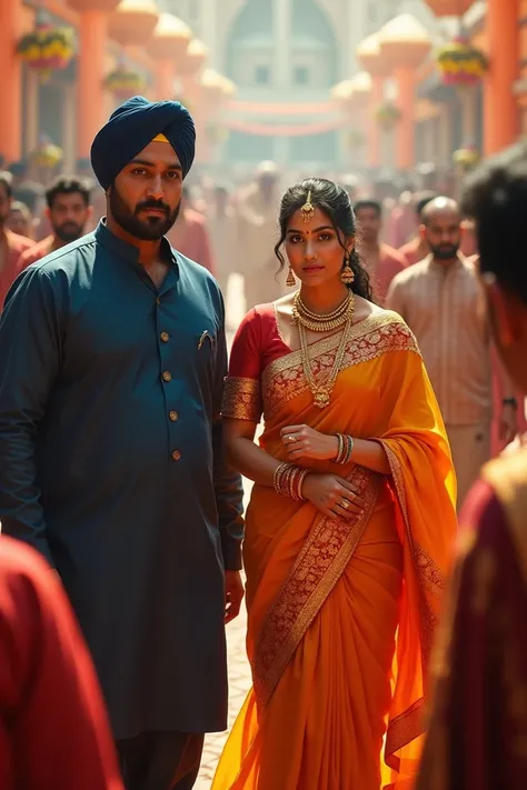 A clear hd dynamic image oo "The loyal minister, a tall man in a deep blue traditional kurta with a simple turban, enters the celebration with his elegant wife, Kapala. She wears a bright silk sari with gold embroidery and minimal jewelry, her graceful dem...