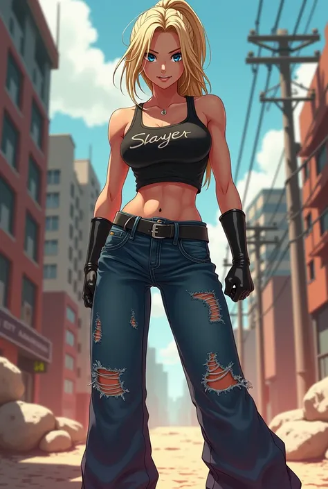 a blonde and muscular woman.  Her hair is long and partially tied . She wears a black tank top written  "Slayer",  showing her defined muscular arms .  She has blue eyes and a defiant smile on her face .  She wears wide ripped jeans and an all-star sneaker...