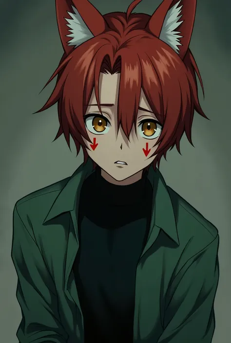 guy 20 years old , thin ,  red hair  , fox ears ,  amber-colored eyes  , under the eyes ,  red arrows pointing down   ,  on the floor of the screen  ,  right cheek scar   , in a black turtleneck,  on top, a slightly loose green shirt is unbuttoned . There ...