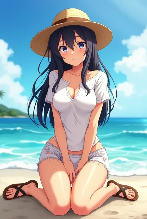  anime-style illustration of a woman in a ( torn panties:1.5) And a White T-Shirt ,  straw hat , sandal,  anime character,  official character art , whole body,  female anime girl , ( black hair:1.5), ( embarrassed :1.5), to smile, (tanned:1.2), armpit, (s...