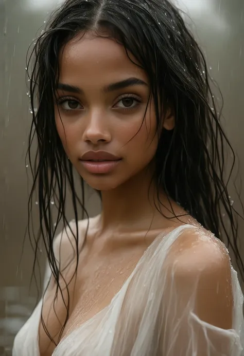 Beautiful mulatto girl.  long hair . wet transparent dress.  without underwear . in the rain