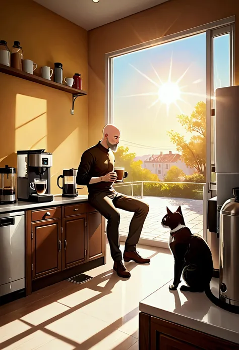 Man with bald head and long white beard stands near to a coffee machine and drinks coffee, the sun shines through the window, and a cat lies on the windowsill, UHD, realistic, details