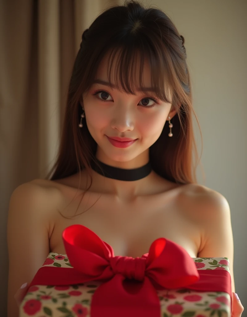  top quality, masterpiece,  photograph、live-action、live-action映像、 Christmas,  The present is mine :2, Half naked, girl wearing a big red bow, Asian Idol,   looks embarrassed,  Shy laugh ,   black choker,   almond eye, bangs,   has long eyelashes, smile:2, ...