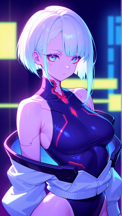 cyberpunk edgerunners, 1 girl, Lúcia (cyberpunk), bare shoulders, blue eyes, breasts, Leotard, looking at viewer, medium breasts, off-shoulder jacket, off-shoulder, , short hair, sleeveless turtleneck Leotard, Alone, turtleneck Leotard, white hair, ((maste...