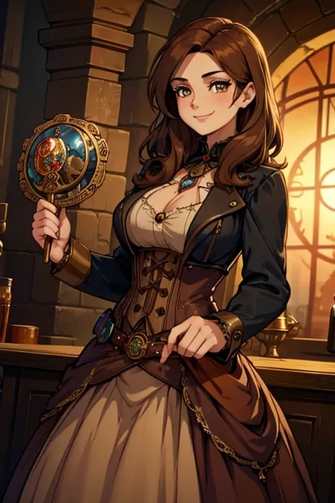 Perfect face. Perfect hands. A brown haired woman with copper eyes and an hourglass figure in a steampunk ballgown is smiling while holding a steampunk style fabric fan in a Gothic ballroom