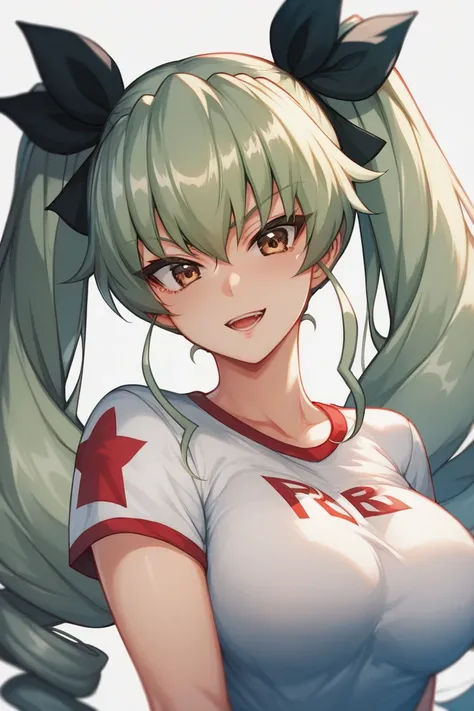 Anchovy from Girls und Panzer wearing a Cruzeiro team jersey,Description of anchovy  :   a girl with long light green hair tied in two ponytails with two black ribbons and reddish-brown eyes. She wears contact lenses  . Shirt Description.   predominantly b...