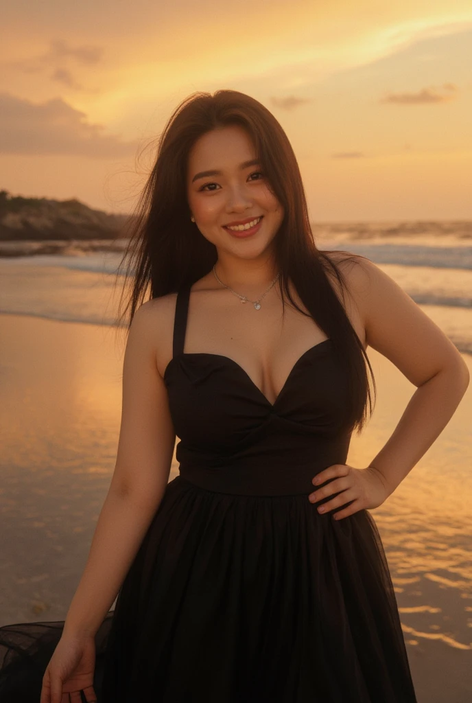 ((full body)), photography of chubby 23 year old girl , wearing black cocktail dress  , long black hair hanging front ,at beach , chubby face, double chin,  smiling, looking into camera , spectacular lighting, gorgeous,  photoshoot, Asian, (masterpiece), b...