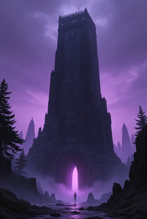 A towering tower covered in ancient runes and mysterious patterns. The tower is surrounded by a misty wilderness, giving people an unapproachable feeling. The painting style is mysterious, with black and deep purple as the main colors, showcasing the myste...