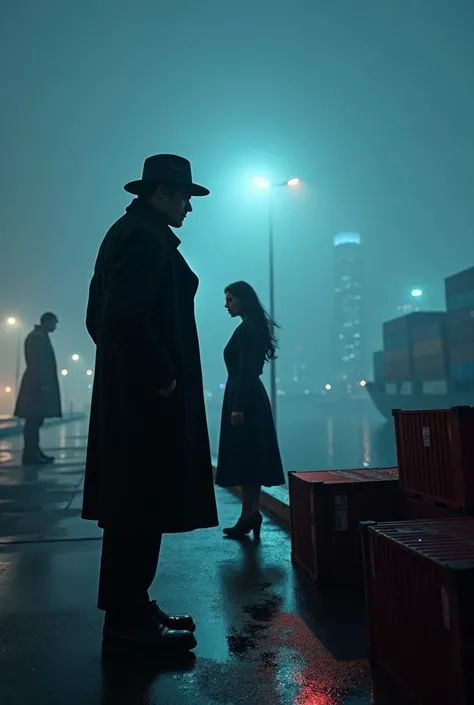 A hard-boiled noir scene set on a foggy shipping pier. In the forefront, a noir detective in a vintage trench coat stands as the main focal point, casting a sharp silhouette. The detectives posture conveys intensity and focus. Next to him, a femme fatale w...