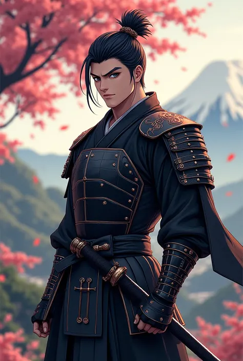 Create a male samurai character with anime character traits 

