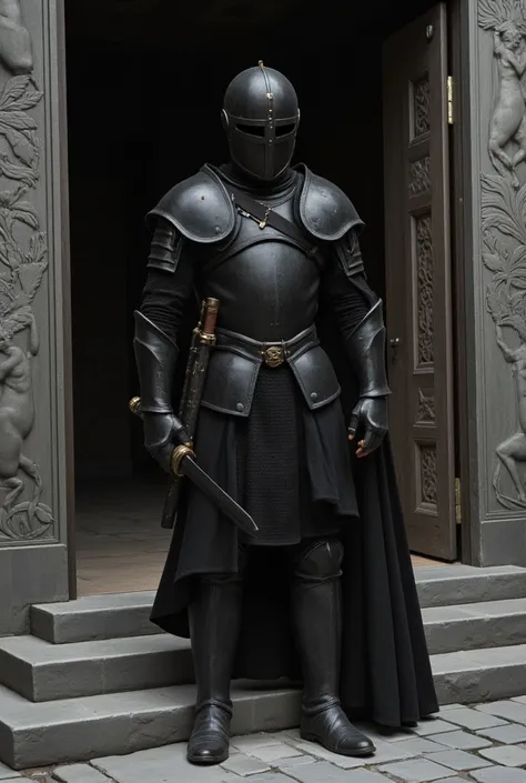 A guard wearing black armor stands at the entrance of the Dark Tower, his face hidden in the shadow of his helmet, holding a long sword tightly in his hand. The background features the stone steps of the tower and ancient stone carvings. The painting style...