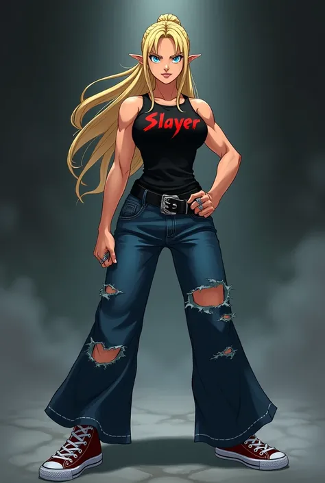 a blonde and muscular woman.  Her hair is long and partially tied . She wears a black tank top written  "Slayer",  showing her muscular and defined arms.  She has blue eyes and a defiant smile on her face .  She wears wide ripped jeans and an all-star snea...