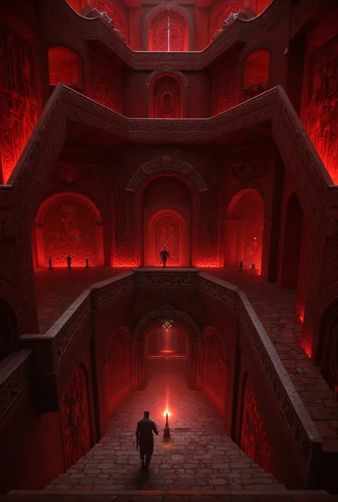 super Dark Tower, The interior of the Dark Tower is a complex maze, with walls adorned with ancient tapestries and weapons. The maze is filled with shadows and unknown dangers. The art style is tense, with dark red and brown as the main colors, showcasing ...