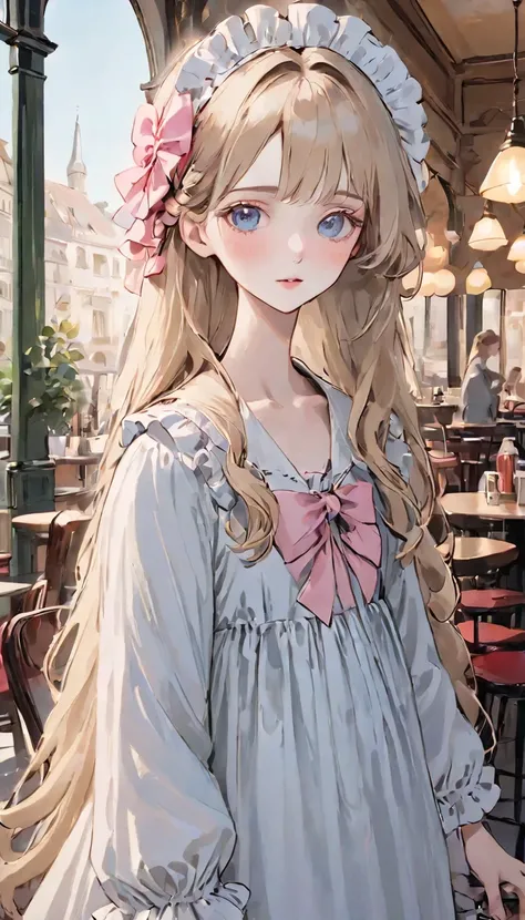 (Highest quality masterpiece full body),1, Line art, Kind girl, Thin, narrow, long eyes, Very thin face, Roughly drawn eyes, Very long face, Very fluffy and curly、dense、Loose flaxen long hair, White and pink gothic fashion, White frilly headband, Straight ...