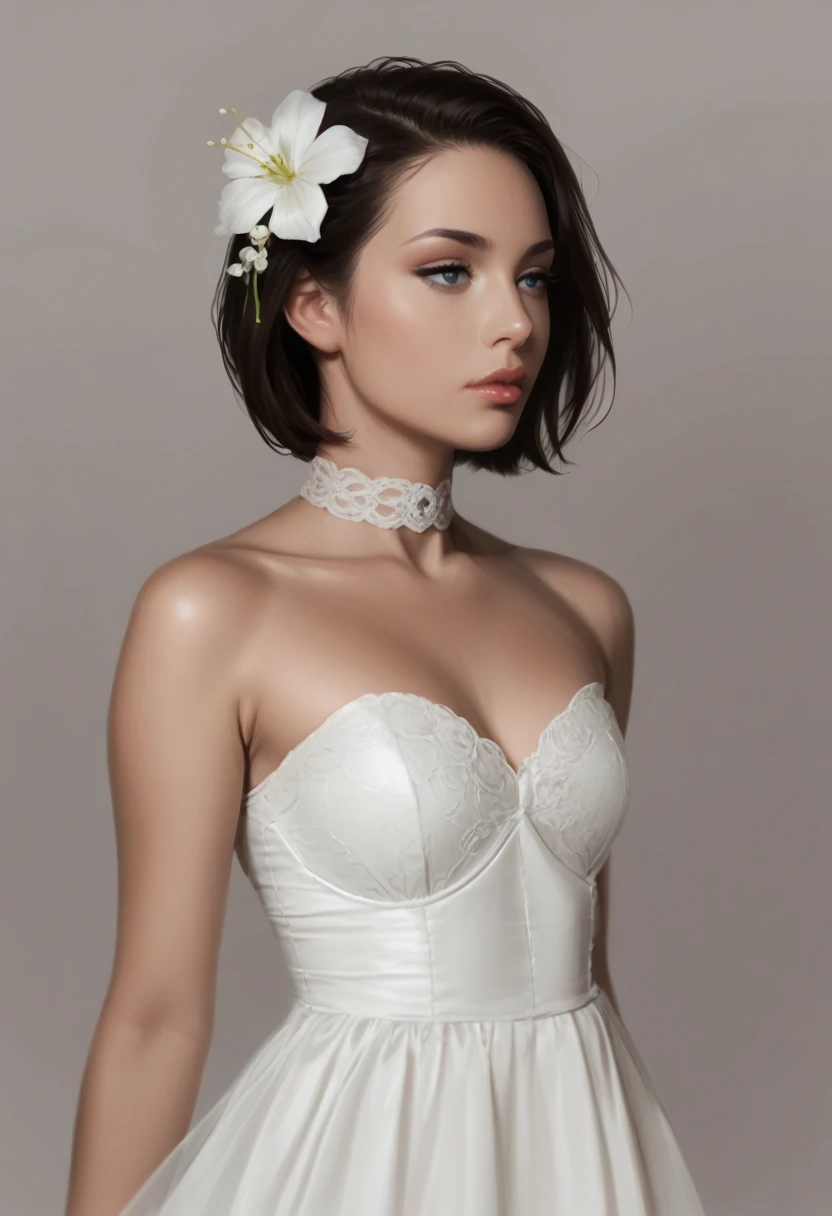 1girl, solo, flower, necklace, jewelry, hair flower, hair ornament, realistic, bare shoulders, white flower, upper body, grey background, portrait, simple background, collarbone, dress, strapless, short hair, colored skin, lips, white dress, half-closed ey...