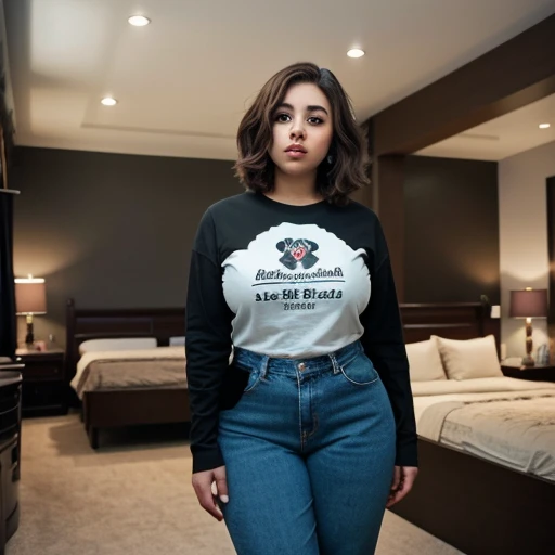 A cute chubby brown skin macromastia mexican raven nyuugao teen, short volumetric emo style hair, beautiful detailed brown eyes, cutely detailed lips, extremely cute detailed eyes and face, mega huge voluptuous breasts, long sleeve t-shirt with jean pants,...