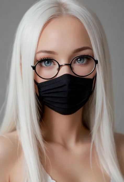 solo, mouth mask, glasses, 1girl, mask, white hair, looking at viewer, round eyewear, portrait, black-framed eyewear, blue eyes, black mask, grey background, long hair, blurry, blunt bangs, close-up, grey eyes, blurry background, eyelashes, covered mouth, ...