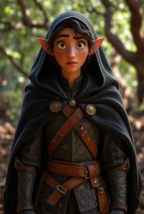 Wood Elf Ranger, with short brown hair, An elf dressed in a black hooded ranger, Serious look, in black leather armor, Ranger Warrior, Elf in a hood, Thin and tall, Full-length, Slim, Very tall, Enigmatic, Hooded, Wearing a black cloak at the back, in fron...