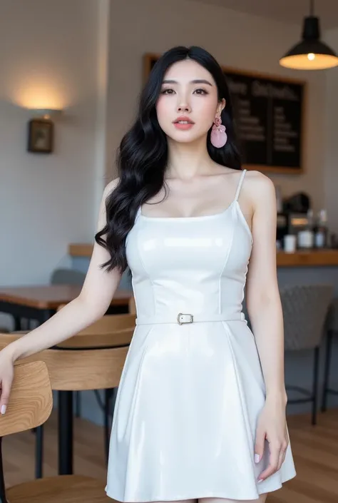 A young Asian woman stands confidently at the front of a coffee shop, her presence illuminated by soft overhead lighting. The vibrant white of her stunning wet mini flare dress shimmer against the neutral-colored walls and wooden furniture, as she poses wi...