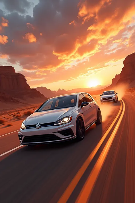 I want a Volkswagen golf car racing on a desert road with a Ford Car and a sunset