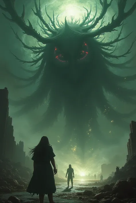 Create an image of a person with the god Azathoth the Lovecraftian god behind attacking a person who is in front