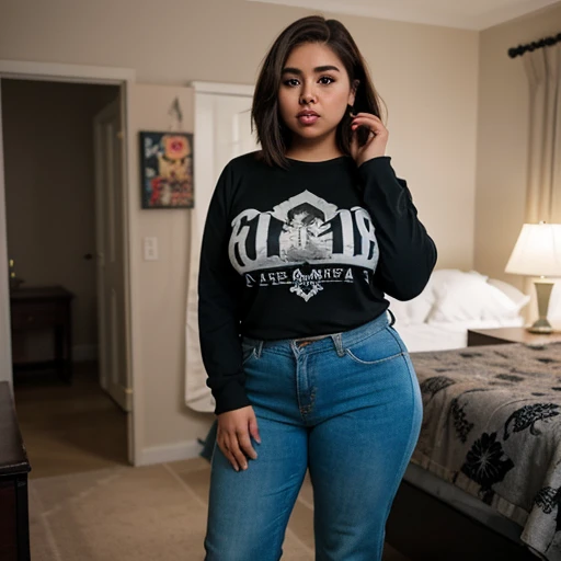 A cute chubby brown skin macromastia mexican raven nyuugao teen, short volumetric emo style hair, beautiful detailed brown eyes, cutely detailed lips, extremely cute detailed eyes and face, mega huge voluptuous breasts, long sleeve t-shirt with jean pants,...