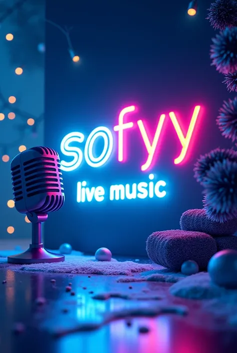 Neon effect with the words Sofyy with the word live music and microphone in pink with blue Christmas theme