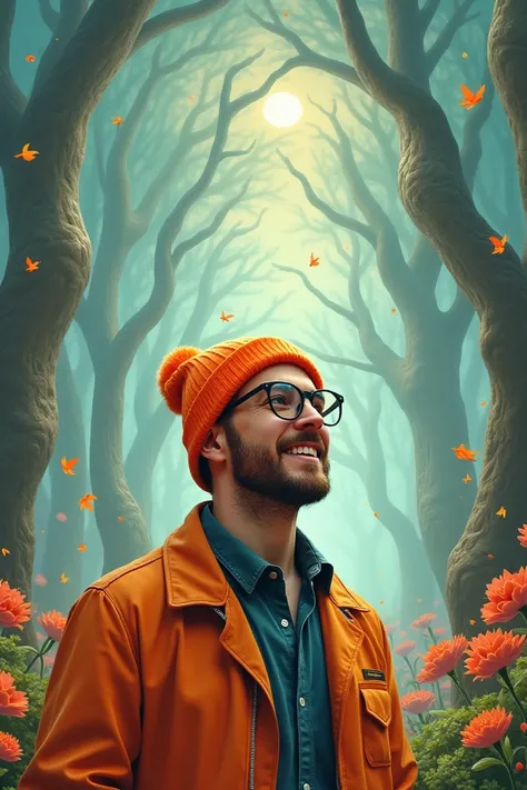 We no longer need an atomic bomb ,  the uprooting of man is already here. Une image fantaisiste et joyeuse avec un homme portant un bonnet orange et des lunettes