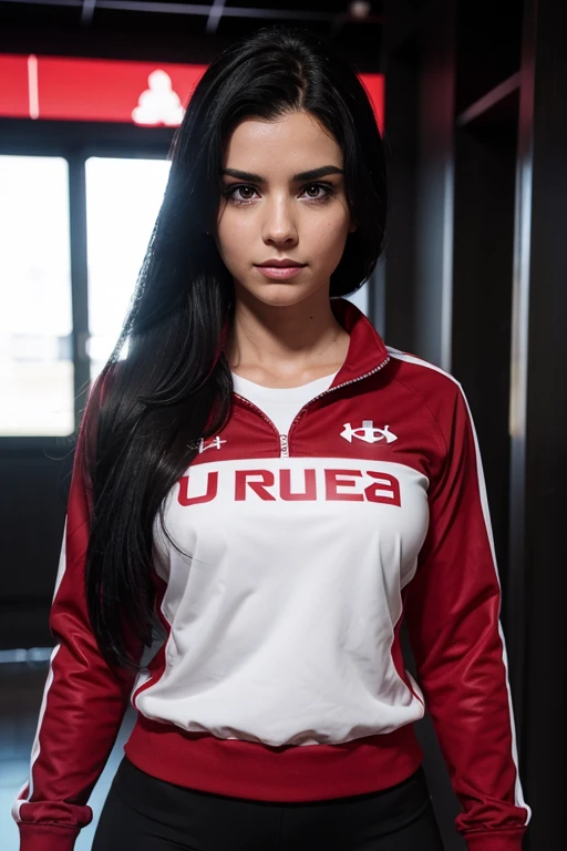 She is a woman, she is , she is in the UA, her hair is black with red tips, her eyes are red, she is wearing the UA uniform