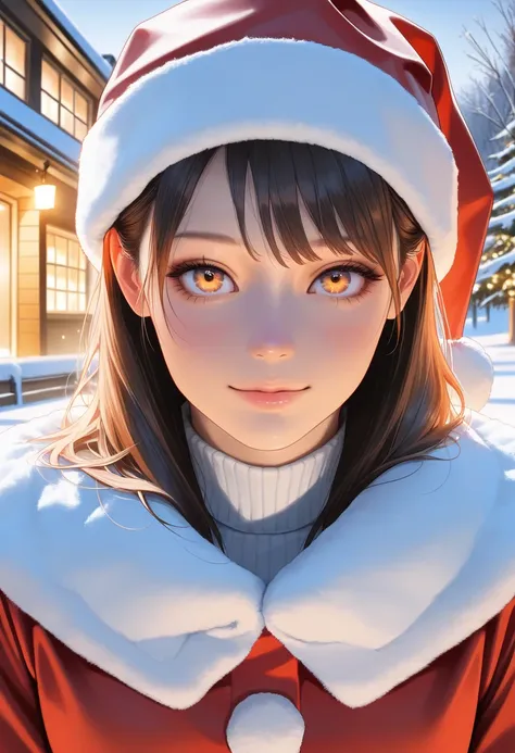 a beautiful young woman wearing a santa claus outfit, intricate details, photorealistic, detailed facial features, beautiful eyes, elegant eyelashes, glowing skin, detailed clothing, santa claus outfit, christmas, winter scene, snow, festive, warm lighting...