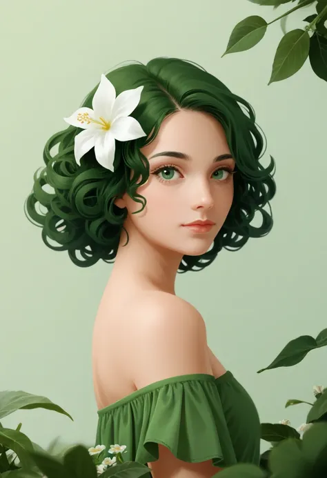 1girl, solo, green eyes, green theme, flower, green hair, looking at viewer, white flower, closed mouth,  short hair, upper body, leaf, plant, curly hair, bare shoulders, from side, eyelashes, s1_dram, zPDXL3,  PnyCmicXLPOS, detailxl,  (lineless, vector ar...