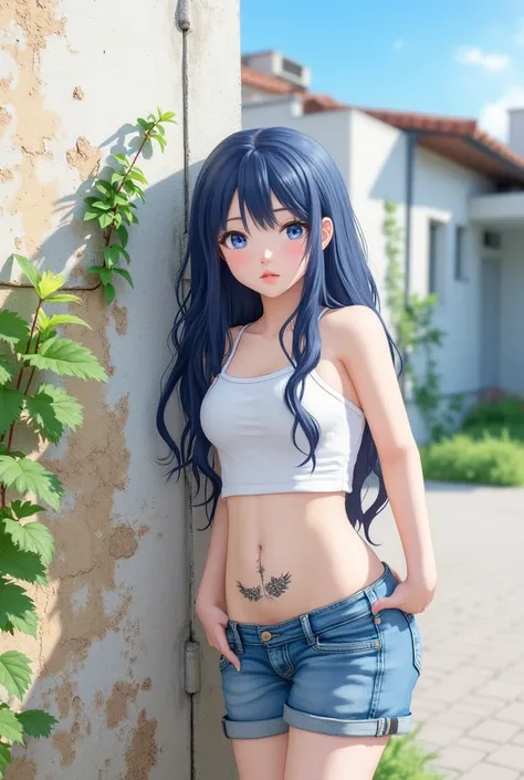 A youthful girl with messy blue hair and bangs, gazing directly at the viewer with piercing blue eyes, stands confidently against a weathered building wall on a sunny day. She wears a tight-fitting tank top, revealing her bare shoulders and arms, paired wi...