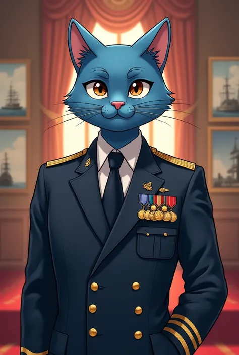 draw this a anthropomorphic male blue cat with brown eyes. He is a admiral and wears a naval uniform with tie and jacket, the chest full of medals and without eyelashes do it full body image in the ceremony hall with decoration with naval photos and ships