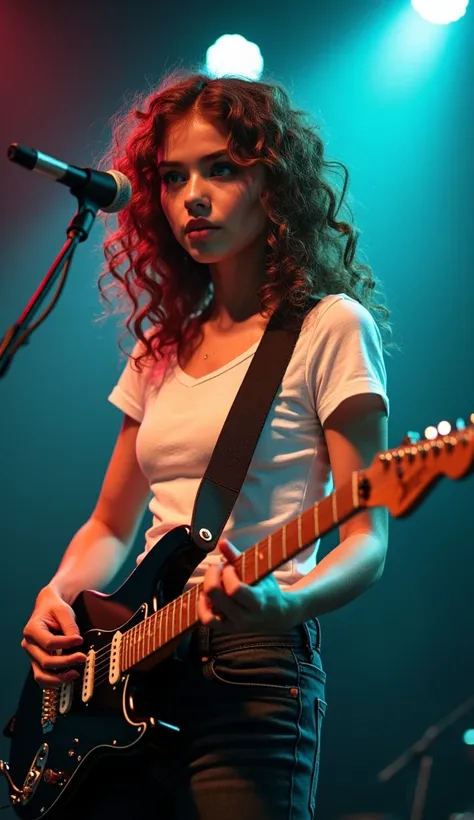 Young musician girl, green eyes, straight teeth, light brunette curly hair, c cup breasts, white tee shirt, black denim jeans, playing an electric guitar, full body shot during live performance