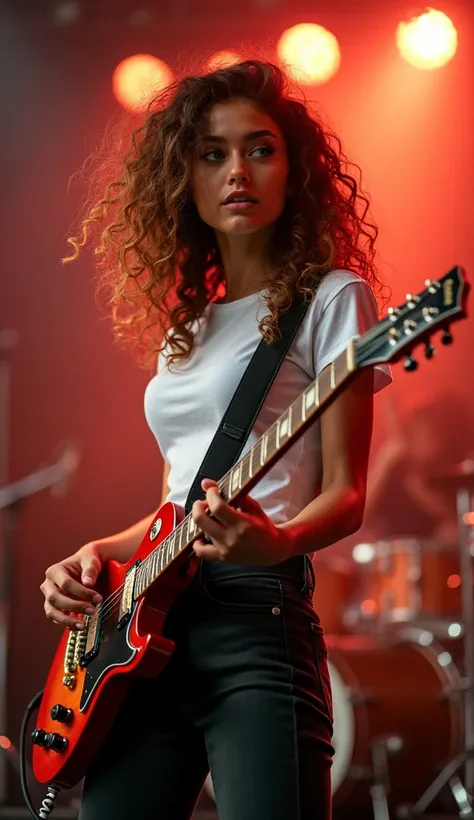 Young musician girl, green eyes, straight teeth, light brunette curly hair, c cup breasts, white tee shirt, black denim jeans, playing an electric guitar, full body shot during live performance