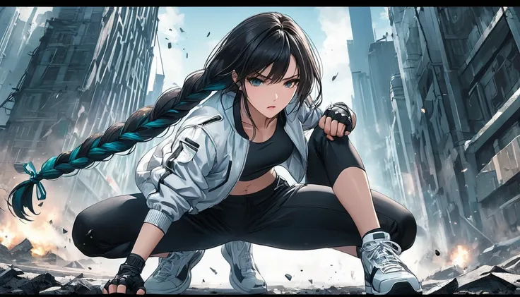 Neo-noir futuristic art style, semi-realistic anime style, dynamic close up bokeh shot, a confident and agile woman in a landing pose, captured from a low angle, landed very close to the camera, focusing on her legs and upward to her expressive face. One k...