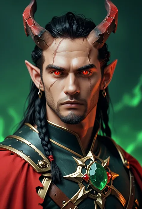 horns, pointy ears, 1boy, red eyes, black hair, male focus, solo, jewelry, armor, broken horn, looking at viewer, long hair, earrings, scar, green background, braid, glowing, gem, cape, glowing eyes, shoulder armor, demon horns, belt, scar on face, upper b...