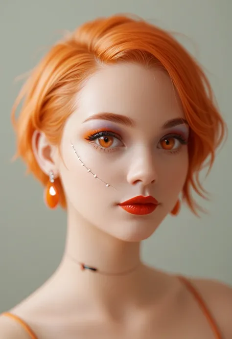 1girl, solo, looking at viewer, orange hair, orange eyes, jewelry, stitches, portrait, makeup, earrings, short hair, upper body, piercing, blurry, lipstick, closed mouth, s1_dram, zPDXL3,  PnyCmicXLPOS, detailxl,  (lineless, vector art:1.5)