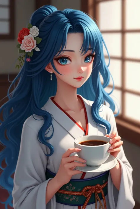 Realistic beautiful woman blue eyes .  Blue hair drinking coffee 4k image clothes beautiful Japan