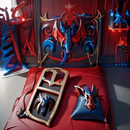 A beautiful bedroom, dragon themed, technological, cherry black and Blue colored, ultra defined,ultra inspired, masterpiece, 4k, uhd, aggressive design, beautiful 