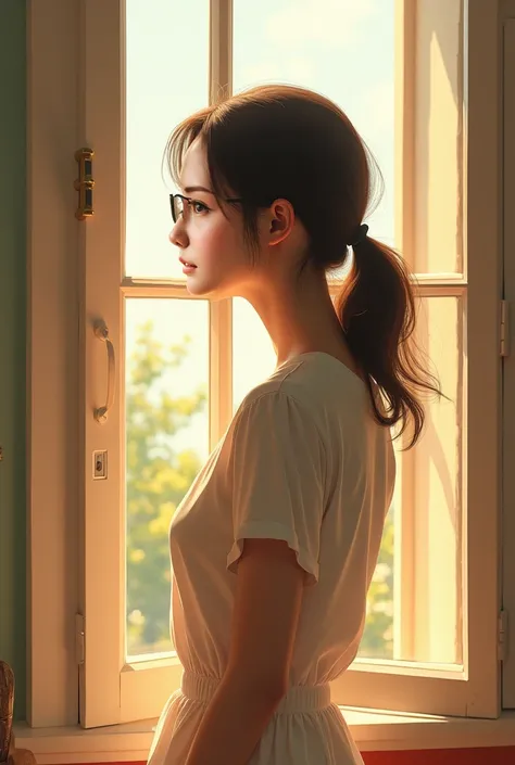 quality、masterpiece、High sensitivity、 high definition 、 detailed description 、 depicting a delicate face )), Slender woman、Glasses、Opening the window、 hair flutters in the wind、 with a smile、A pleasant morning、