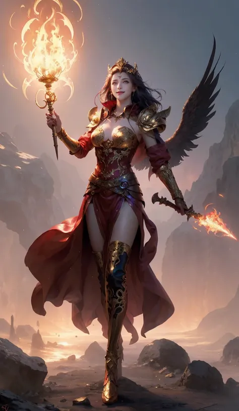 Full-size, full body image Create a highly detailed fantasy portrait of an sorceress fantasy scene featuring a powerful figure standing against a glowing, mystical golden backdrop. The figure, known as the flame goddess,  is depicted. She has flowing, silv...