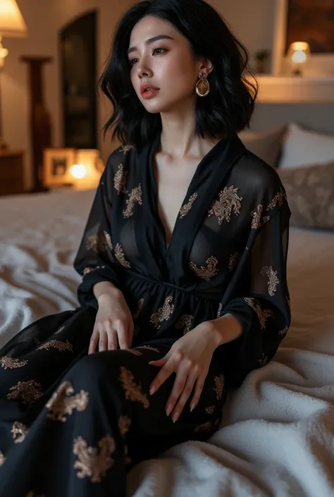 a woman wearing black silk oversize short dress with batic patern in the cozy bedroom