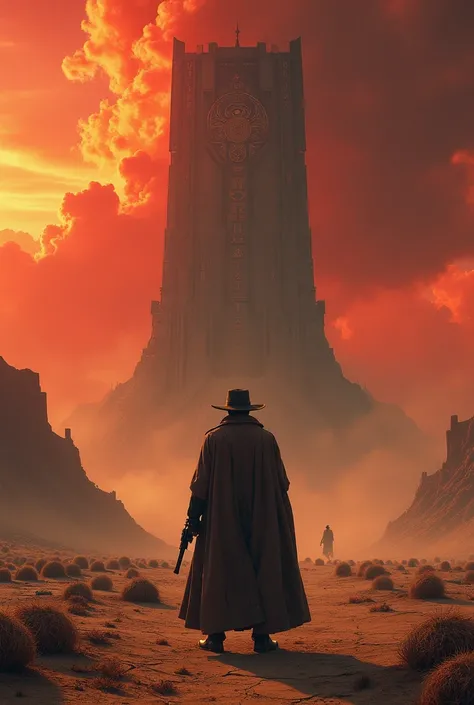 A lone gunslinger standing on the barren plains of Mid-World, gazing up at the Dark Tower looming in the distance, shrouded in mist. The figure wears a long, weathered duster coat and a wide-brimmed hat, with twin revolvers at his hips. The landscape is va...